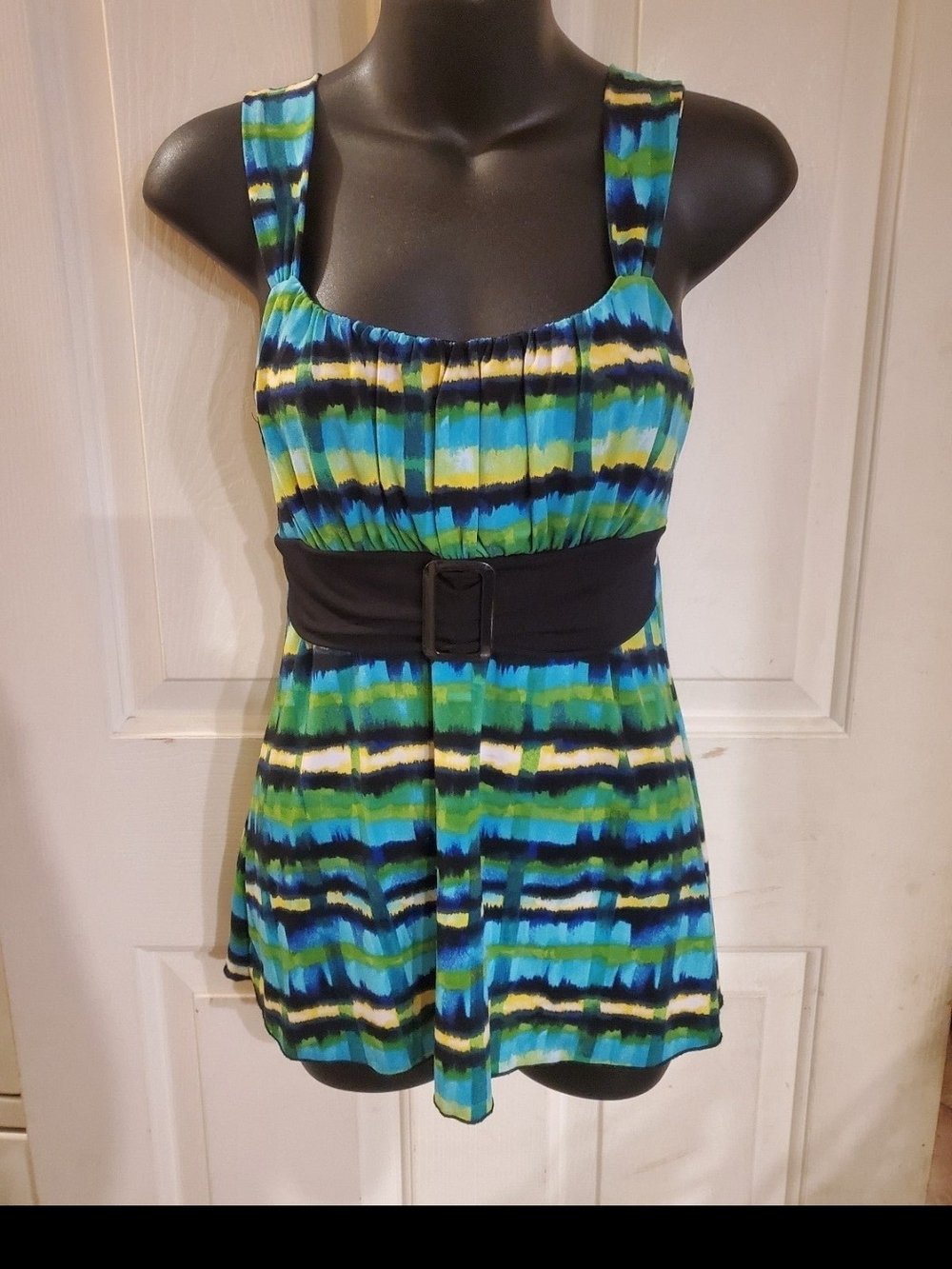 Iz Byer Multicolor Blue-Green Patterned Top with Black Trim
